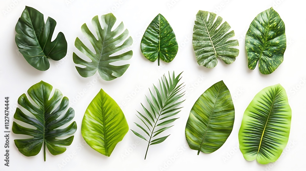 Collection of various green tropical leaves arranged on white background. Collection of various green tropical leaves arranged on white background.