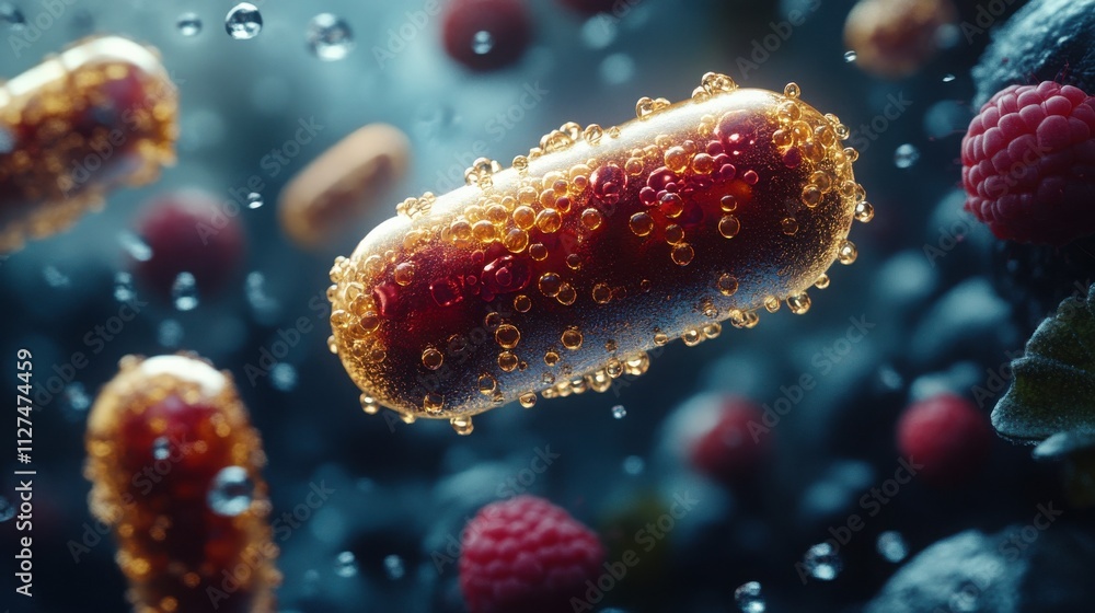 Fototapeta premium Microscopic view of a capsule filled with raspberries and bubbles, suspended in a dark blue liquid. The image evokes the essence of natural ingredients and health.