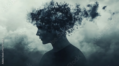 Wallpaper Mural A young person's silhouette, their hair seemingly dissolving into a dark, stormy sky.  A moody, atmospheric image evoking themes of introspection and inner turmoil. Torontodigital.ca