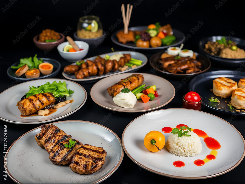 A selection of diverse dishes arranged on a black table, showcasing vibrant colors and textures of the food. A selection of diverse dishes arranged on a black table, showcasing vibrant colors and textures of the food.
