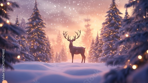 Peaceful winter evening in a snow-covered forest with a majestic deer standing among evergreen trees