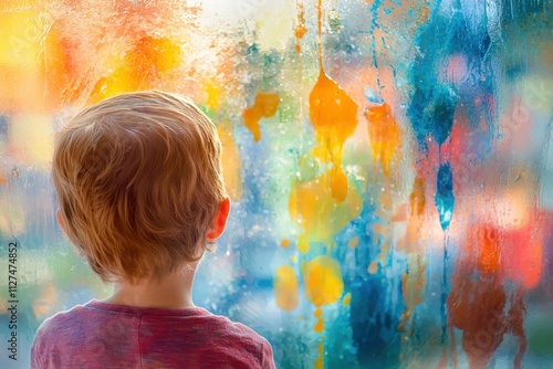 A child looking out of a window into a colorful abstract world, inspiring creativity and curiosity. photo