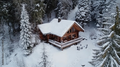 Snow-covered cabin nestled in winter forest.