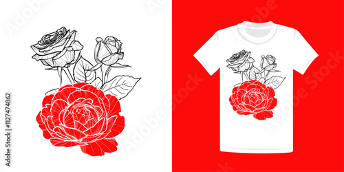 T-shirt line art roses illustration. Hand drawn outline roses for apparel. Summer flowers for print and online projects. 