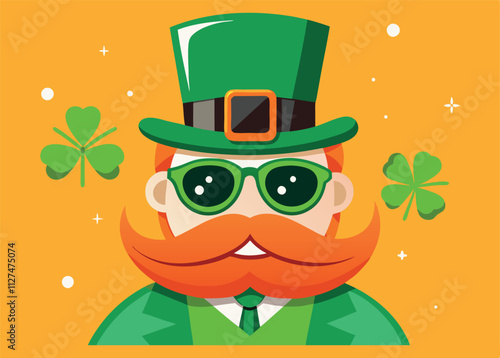 cheerful leprechaun with orange beard and shamrocks on orange background