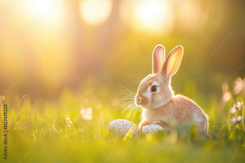 Fototapeta premium Adorable Bunny With Easter Eggs In Flowery Meadow