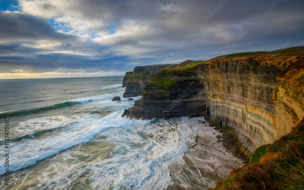 Ocean waves crashing against a rugged cliffside under a dramatic overcast sky Ocean waves crashing against a rugged cliffside under a dramatic overcast sky