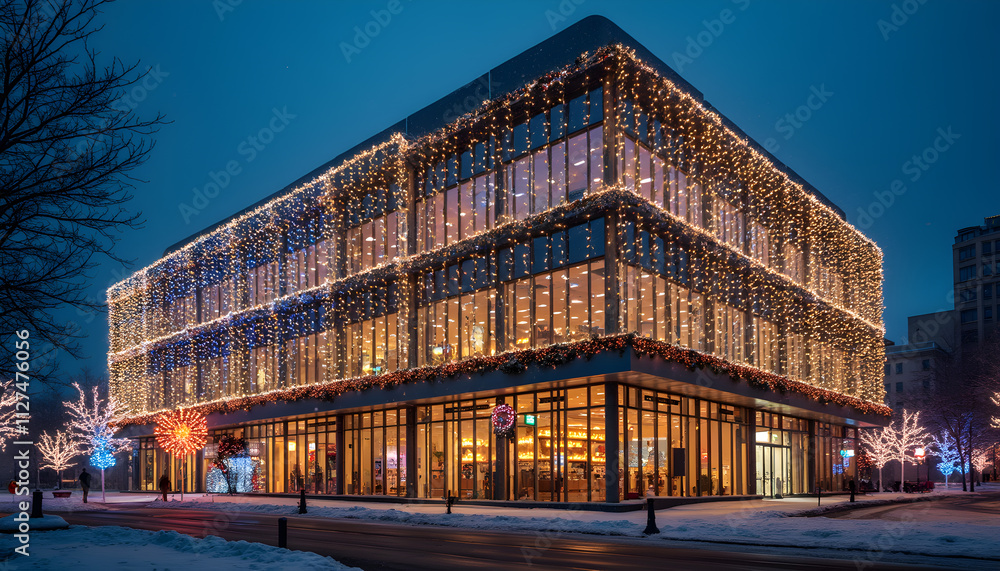 Obraz premium Festive office building adorned with lights during winter evening in an urban setting