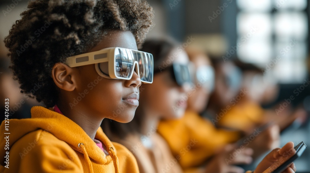 Young boy wearing VR glasses in a group. Young boy wearing VR glasses in a group.