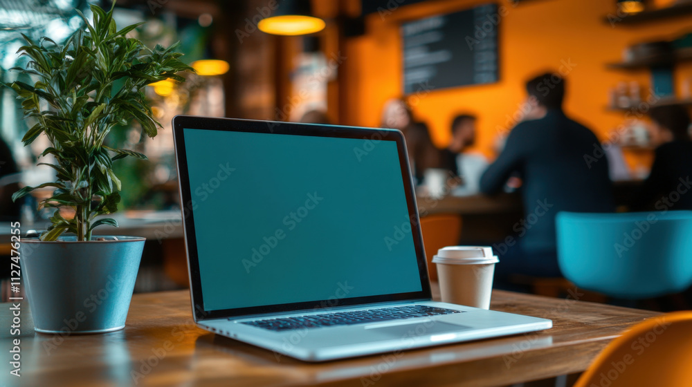 Modern Laptop on Cozy Cafe Table with Blurred Background of Diverse People Modern Laptop on Cozy Cafe Table with Blurred Background of Diverse People