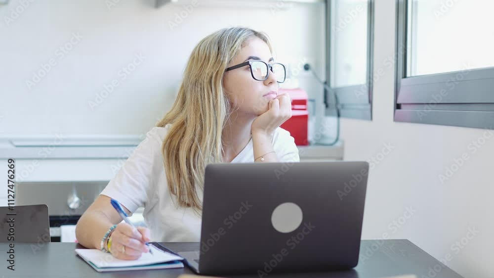 Portrait of serious millennial caucasian female student sit at desk at home study online on laptop. Thoughtful young attractive woman use computer take distant course or training. Education concept.
Portrait of serious millennial caucasian female student sit at desk at home study online on laptop. Thoughtful young attractive woman use computer take distant course or training. Education concept.