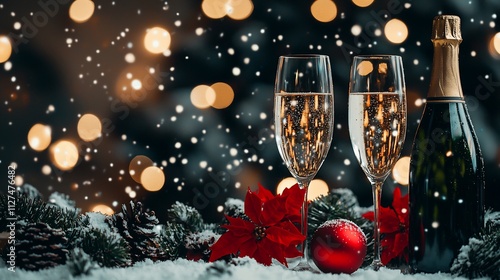 Festive champagne flutes with Christmas decorations.