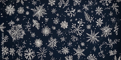 illustration of snowflakes gently scattered across the background.Rendered in white ink on a dark navy blue background,capturing the refined, delicate nature of vintage engraving style.