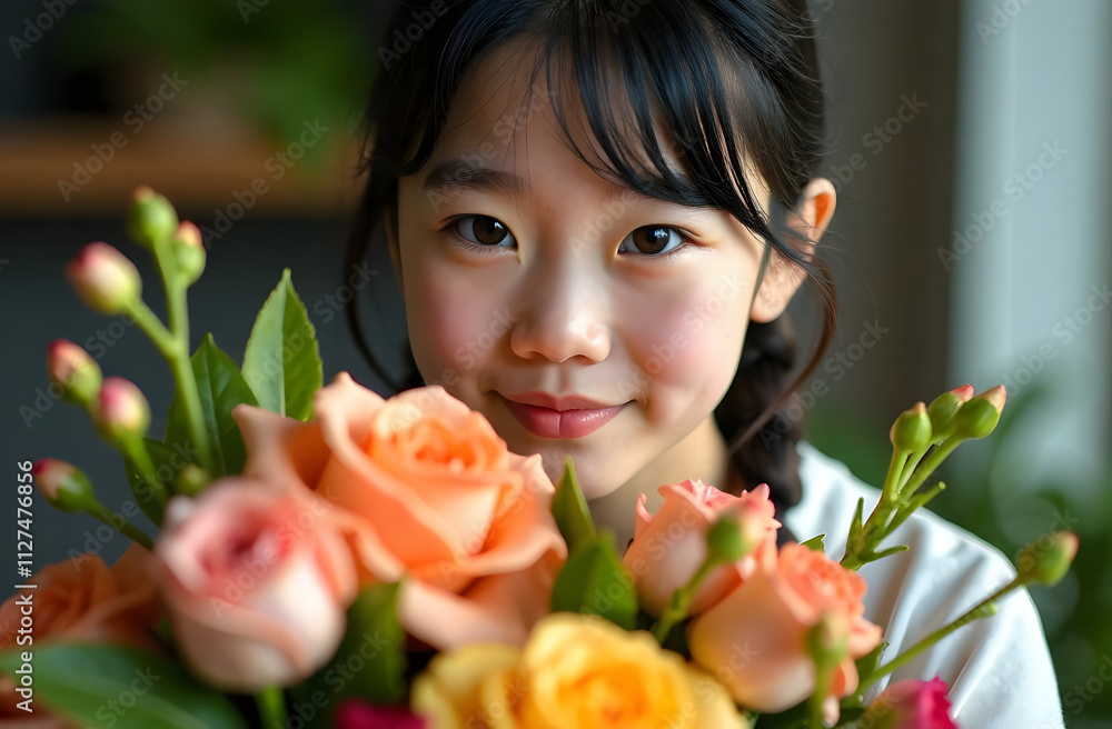 Asian teenage girl florist with bouquet of roses in flower shop. Asian teenage girl florist with bouquet of roses in flower shop.