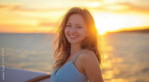 Uma mulher atraente usando um vestido azul claro está em uma praia ao pôr do sol. photo