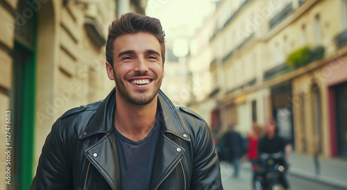 Um homem charmoso com um sorriso vestindo uma jaqueta de couro está em uma rua parisiense deslumbrante