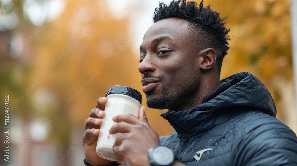 Man Enjoying a Protein Shake Outdoors in Autumn Man Enjoying a Protein Shake Outdoors in Autumn