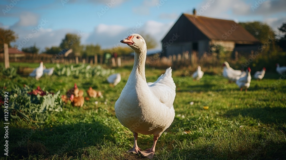 A Majestic White Goose Roaming Freely on a Beautiful Farm Landscape A Majestic White Goose Roaming Freely on a Beautiful Farm Landscape