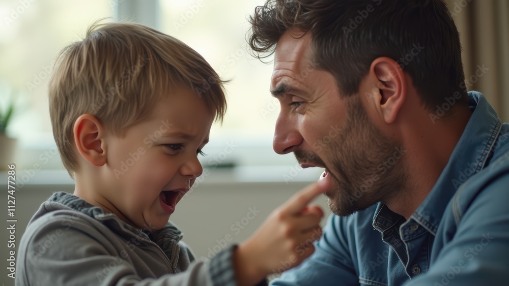 Father and Son Share a Joyful Moment While Playing and Laughing Indoors During a Sunny Afternoon Father and Son Share a Joyful Moment While Playing and Laughing Indoors During a Sunny Afternoon