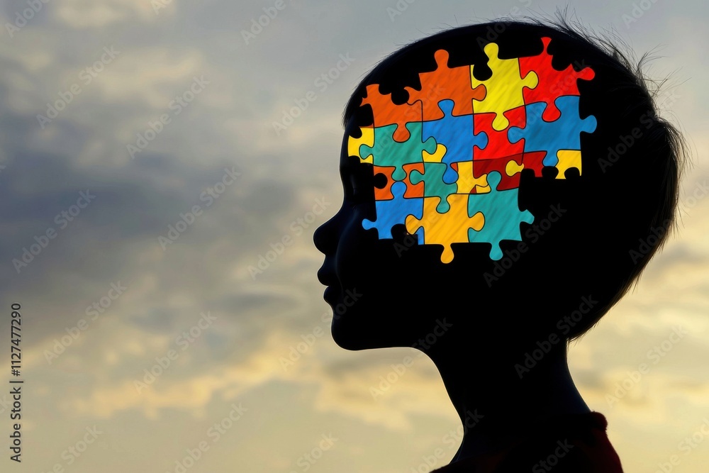 A silhouette of a child's head with colorful puzzle pieces, symbolizing the diversity and complexity of the mind. A silhouette of a child's head with colorful puzzle pieces, symbolizing the diversity and complexity of the mind.
