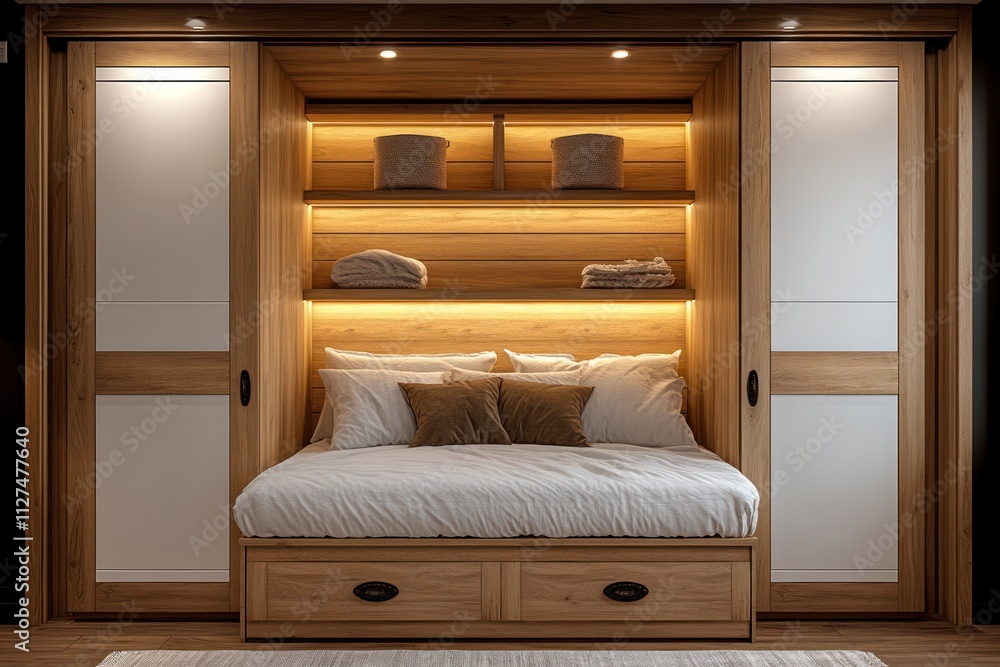 Built-in wooden bedroom closet with bed and drawers, illuminated shelves. Built-in wooden bedroom closet with bed and drawers, illuminated shelves.