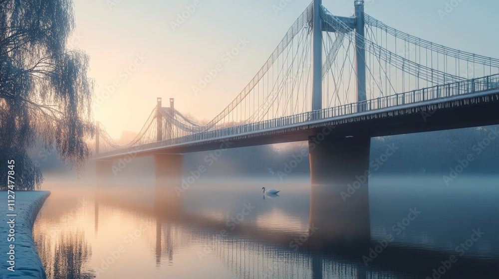 Fototapeta premium Misty Bridge at Sunrise Reflects on Calm Water with Swan in View