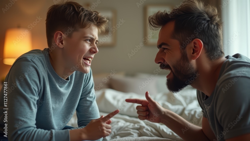 Father and Son Engage in a Playful Argument Indoors During a Cozy Evening at Home Father and Son Engage in a Playful Argument Indoors During a Cozy Evening at Home
