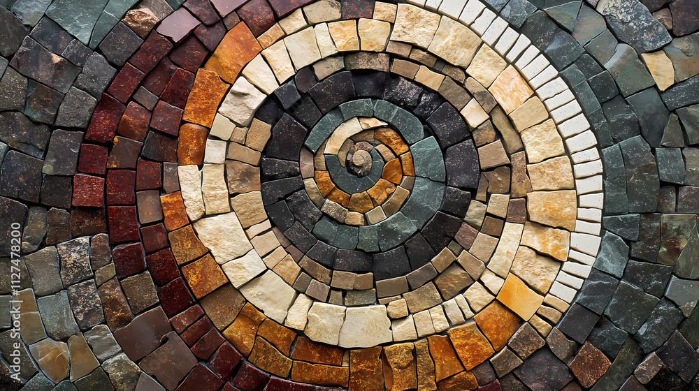 Fototapeta premium Stone mosaic features mesmerizing spiral design and earthy tones blending seamlessly to create a captivating artwork. Spiral. Illustration