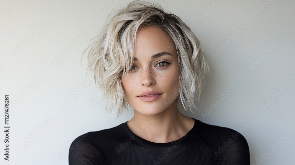Close-up portrait of a young woman with short, wavy, platinum blonde hair and natural makeup. Close-up portrait of a young woman with short, wavy, platinum blonde hair and natural makeup.