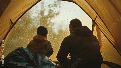 Cozy Moments: A Father and Child Watching Rainfall Inside a Tent