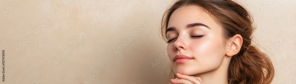 Fototapeta premium A serene young woman with closed eyes expresses tranquility and peace, ideal for wellness, beauty, or skincare branding, This image conveys relaxation and self-care themes,