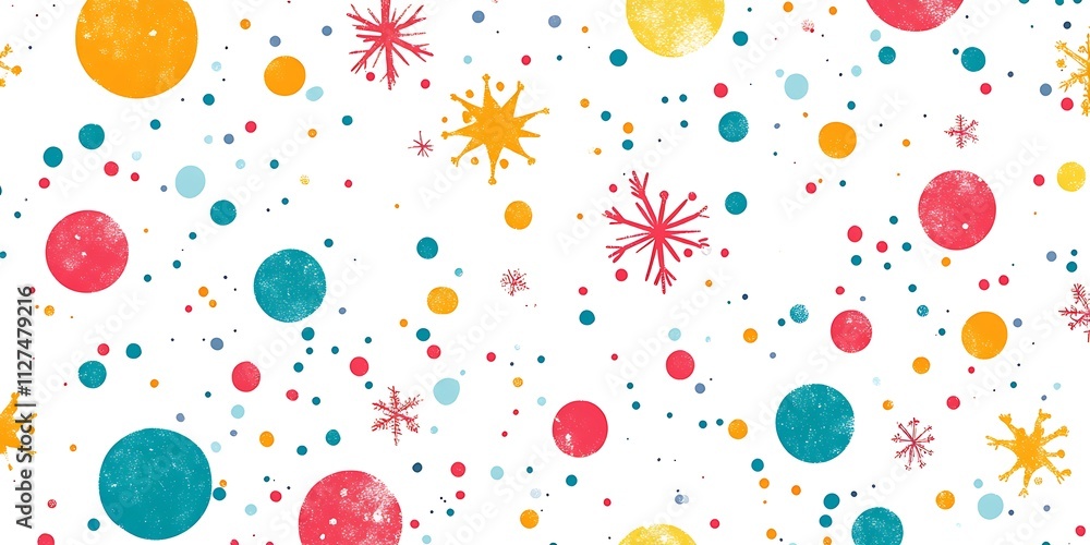 Illustration of a childish pattern of dots and snowflakes in various colors, flat vector graphic, white background Illustration of a childish pattern of dots and snowflakes in various colors, flat vector graphic, white background
