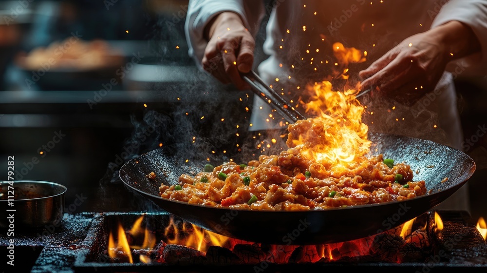 A chef skillfully stir-fries ingredients in a wok, creating a fiery cooking scene. A chef skillfully stir-fries ingredients in a wok, creating a fiery cooking scene.