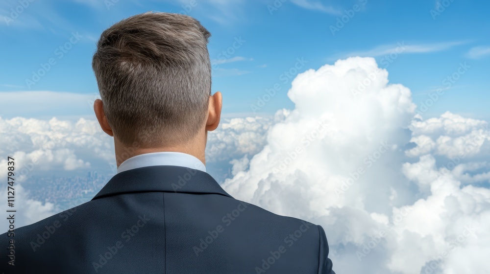 A businessman stands against a backdrop of fluffy clouds and a blue sky, symbolizing ambition and vision, This image is ideal for articles or presentations about leadership, success, and new horizons A businessman stands against a backdrop of fluffy clouds and a blue sky, symbolizing ambition and vision, This image is ideal for articles or presentations about leadership, success, and new horizons