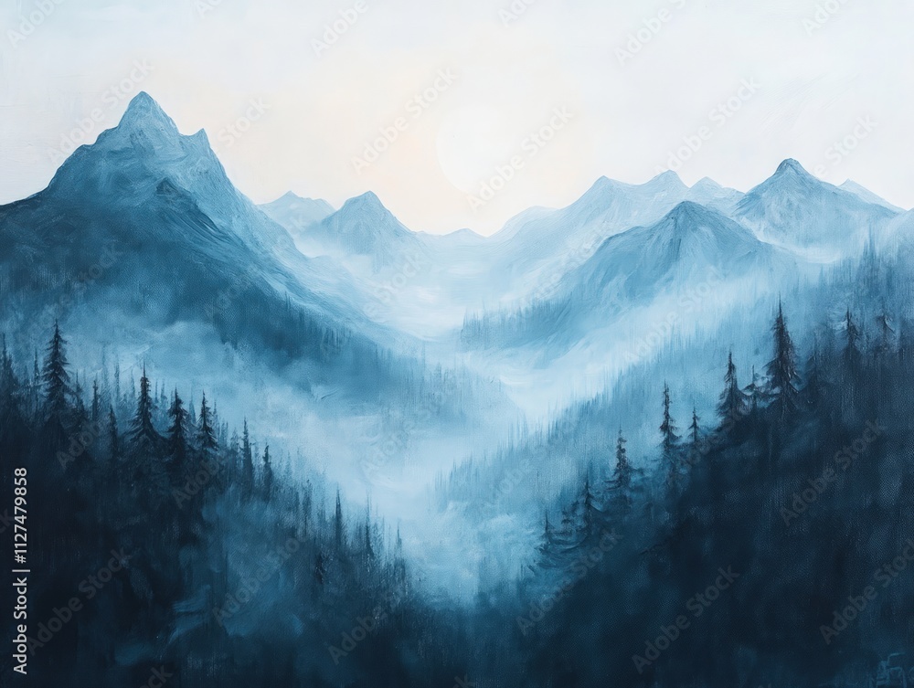 Naklejka premium Misty blue mountains, dark forest, serene landscape.