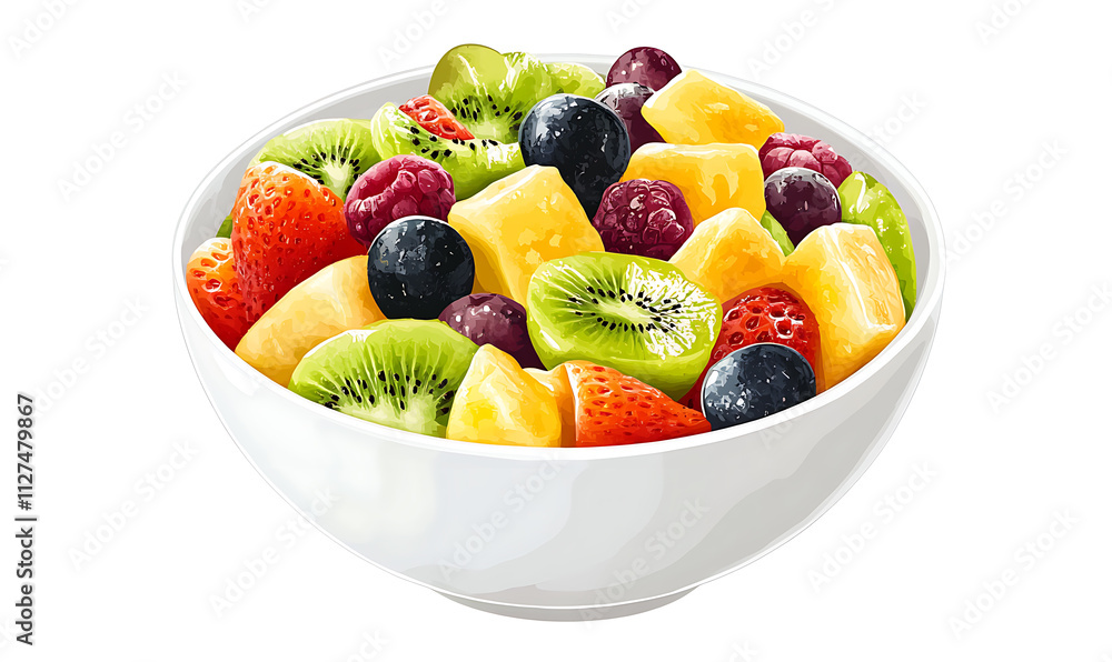 vibrant bowl of fresh fruit salad featuring strawberries, kiwi, mango, raspberries, and blueberries in a white bowl, isolated on transparent background. vibrant bowl of fresh fruit salad featuring strawberries, kiwi, mango, raspberries, and blueberries in a white bowl, isolated on transparent background.