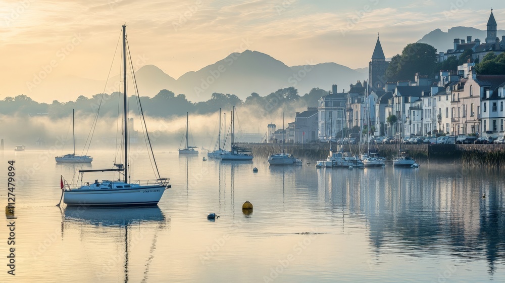 Serene Morning at the Harbor: Sailboats Reflect on Calm Waters