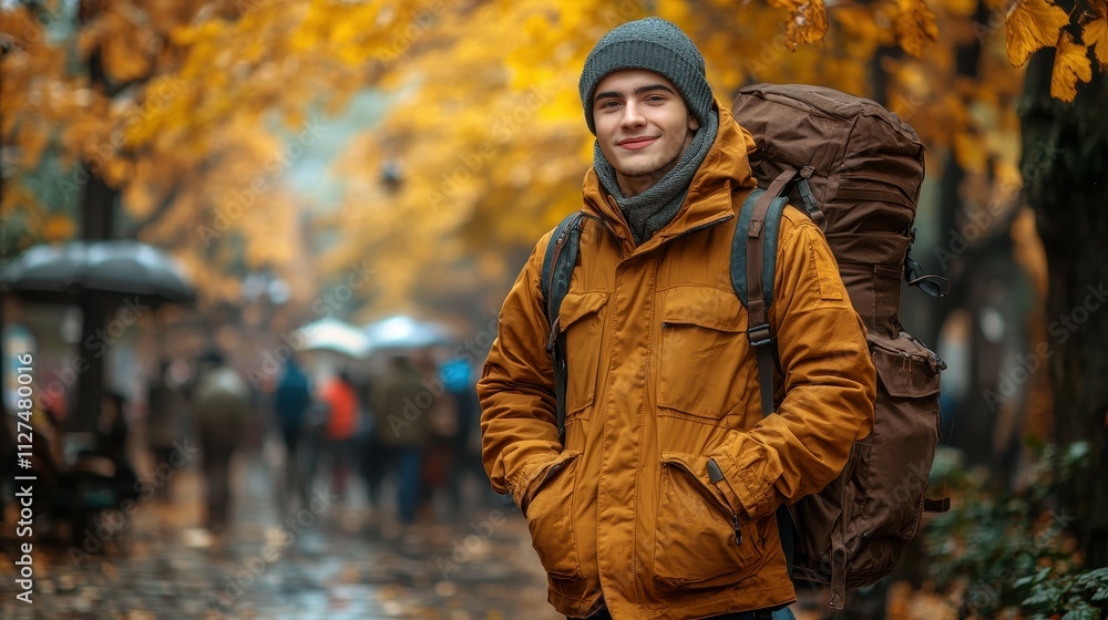 A man wearing a yellow jacket and a backpack is smiling in front of a group of people. The scene takes place in a city with a lot of people walking around. The man is enjoying his time A man wearing a yellow jacket and a backpack is smiling in front of a group of people. The scene takes place in a city with a lot of people walking around. The man is enjoying his time