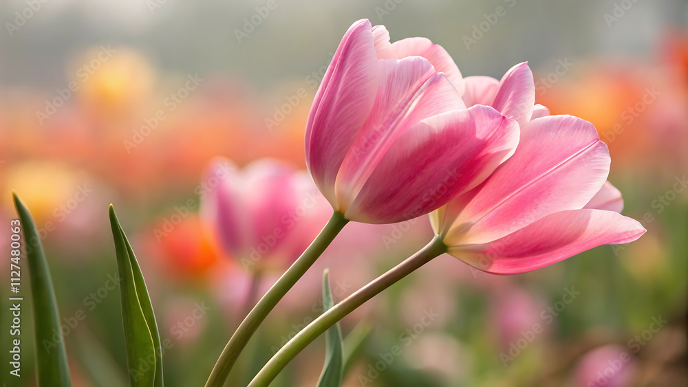 Colorful Tulips flowers blooming in Spring.Close-up of sweet pink tulip flowers blooming in the garden with soft morning sunlight on a blurred background.
Colorful Tulips flowers blooming in Spring.Close-up of sweet pink tulip flowers blooming in the garden with soft morning sunlight on a blurred background.