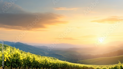 Serene sunset over lush vineyards, showcasing gentle hills and a warm golden sky, ideal for wine promotion, travel brochures, or agricultural themes, photo