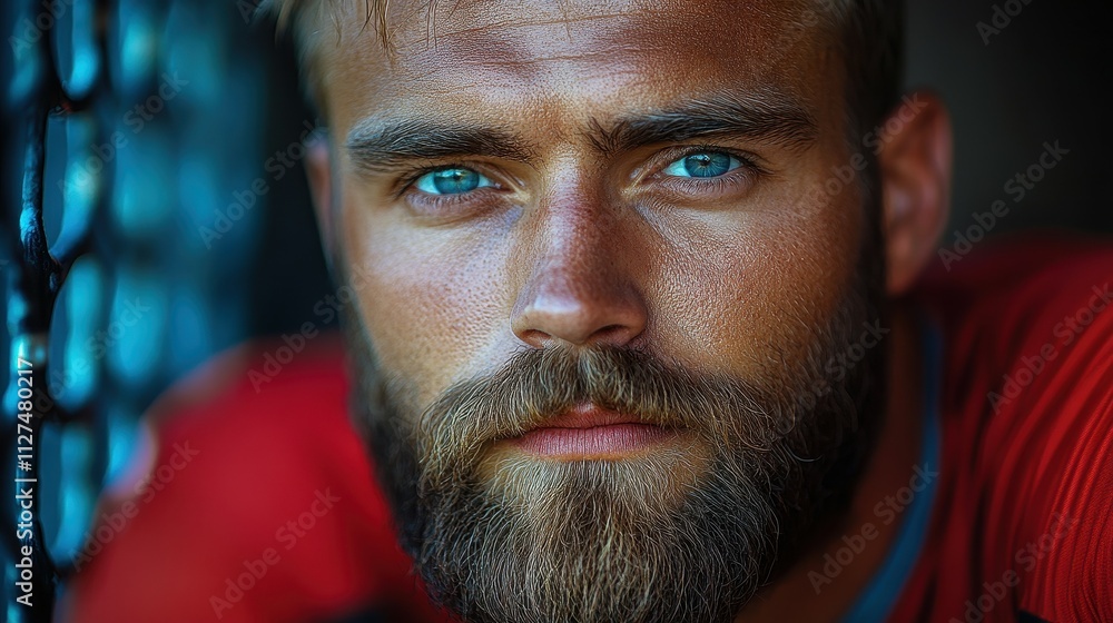A man with a beard and blue eyes is wearing a red shirt. He is sweating and looking at the camera A man with a beard and blue eyes is wearing a red shirt. He is sweating and looking at the camera