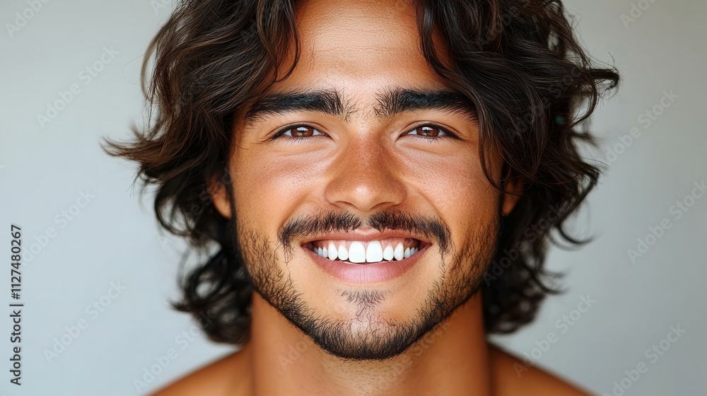 A man with a beard and long hair is smiling. He has a clean, well-groomed appearance A man with a beard and long hair is smiling. He has a clean, well-groomed appearance