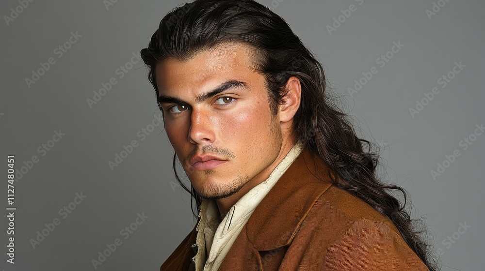 A man with long hair is wearing a brown jacket and a white shirt. He has a beard and a mustache A man with long hair is wearing a brown jacket and a white shirt. He has a beard and a mustache