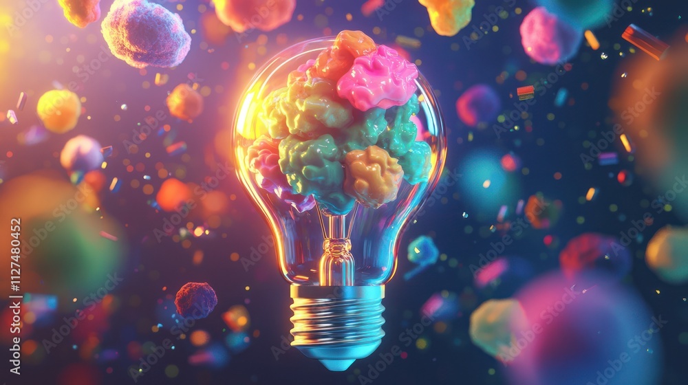 3D rendering of various creative thoughts materializing inside a glowing light bulb, symbolizing the birth of innovative ideas. 3D rendering of various creative thoughts materializing inside a glowing light bulb, symbolizing the birth of innovative ideas.