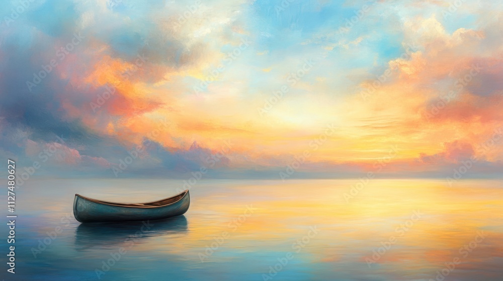 A serene scene featuring a calm body of water reflecting vibrant sunset colors with a solitary boat, Ideal for use in travel blogs, meditation apps, or artwork showcasing tranquility and nature, A serene scene featuring a calm body of water reflecting vibrant sunset colors with a solitary boat, Ideal for use in travel blogs, meditation apps, or artwork showcasing tranquility and nature,