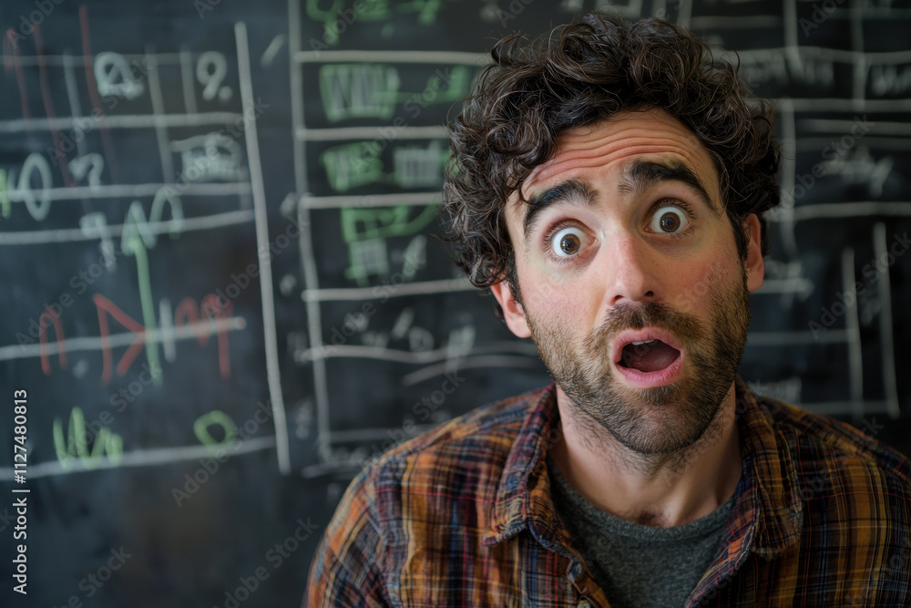 A man with a surprised expression stands in front of a chalkboard filled with colorful diagrams and charts. His curly hair and plaid shirt add a casual and relatable vibe to the scene A man with a surprised expression stands in front of a chalkboard filled with colorful diagrams and charts. His curly hair and plaid shirt add a casual and relatable vibe to the scene
