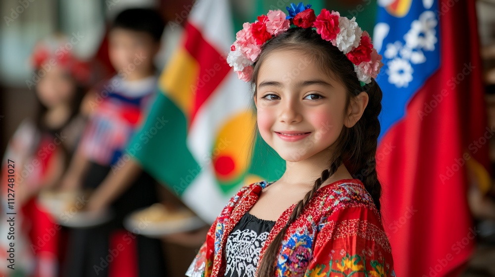 Smiling girl in traditional folk dress with floral crown, against blurred background of flags and children. Smiling girl in traditional folk dress with floral crown, against blurred background of flags and children.