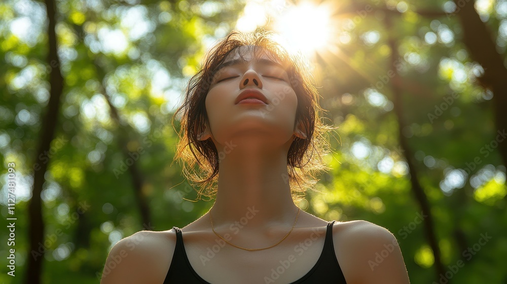 A woman is standing in a forest, looking up at the sun. She is in a peaceful and meditative state A woman is standing in a forest, looking up at the sun. She is in a peaceful and meditative state