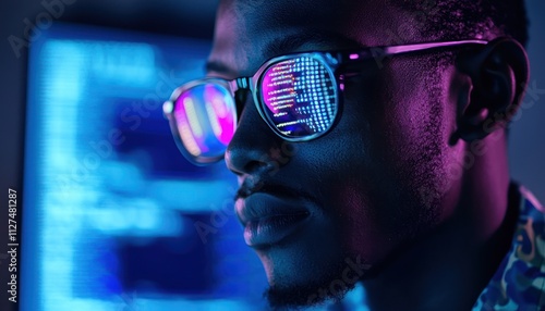 A black man in an office, working on cybersecurity tasks, with code reflecting in his glasses and cloud computing tasks in focus.