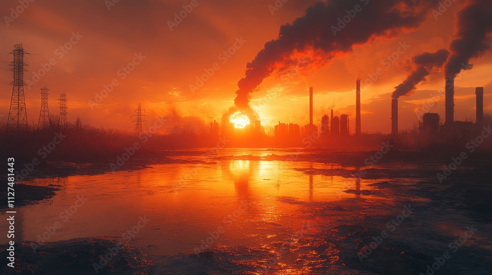 Fiery sunset over an industrial landscape. Smoke stacks billow dark plumes against the bright orange sky, reflecting in the still water below. Fiery sunset over an industrial landscape. Smoke stacks billow dark plumes against the bright orange sky, reflecting in the still water below.